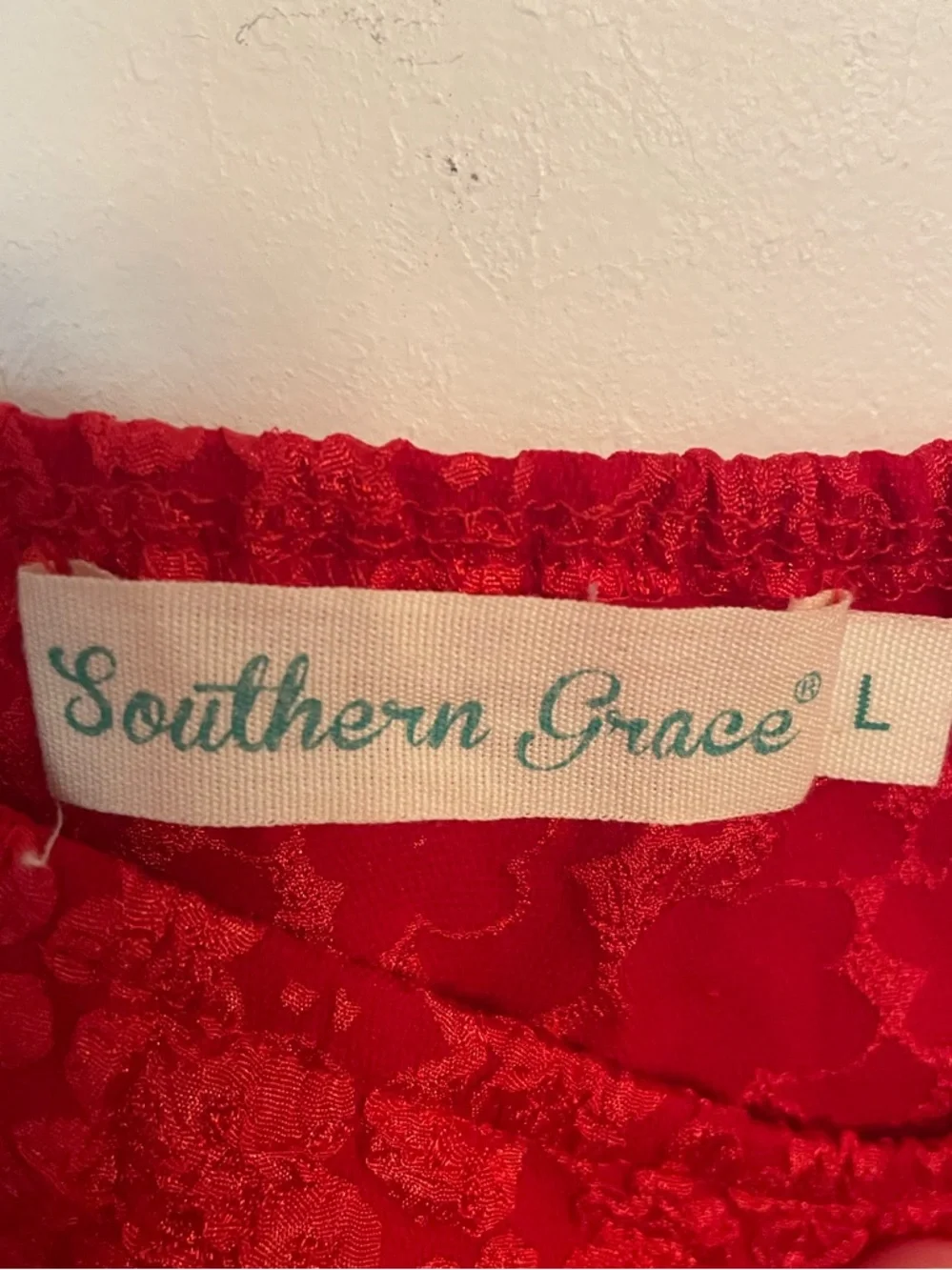 Southern Grace Jasmine Bright Red Puff-Sleeve Tiered Baby Doll Dress Size L - Picture 10 of 10